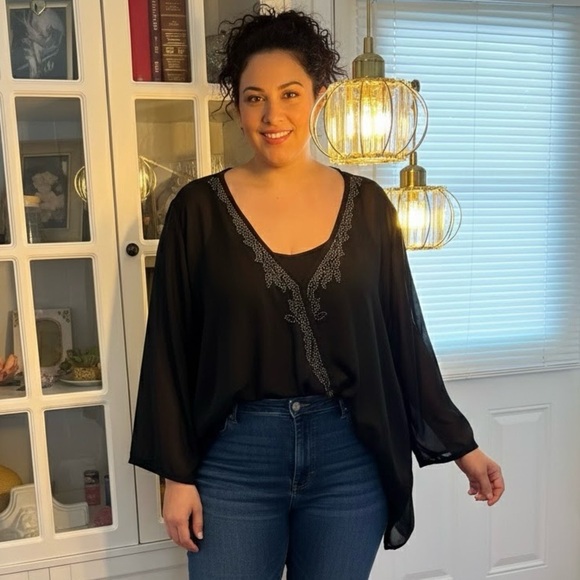 mblm Tops - MBLM Black Beaded Sheer Wrap Blouse Cover Up Tunic Top Holiday Party Glam